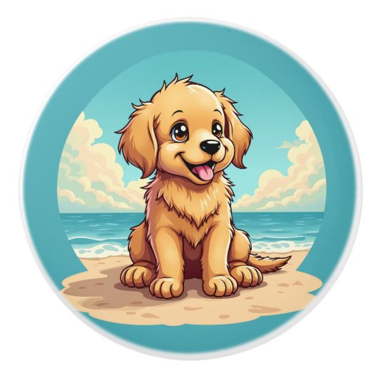 Cute Golden Puppy at Sunny Beach Scene Keramikknauf (Vorderseite)