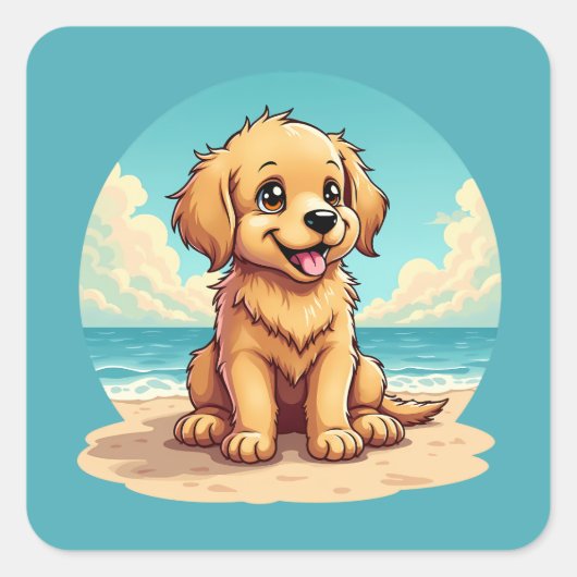Cute Golden Puppy at Sunny Beach Scene Quadratischer Aufkleber (Vorderseite)