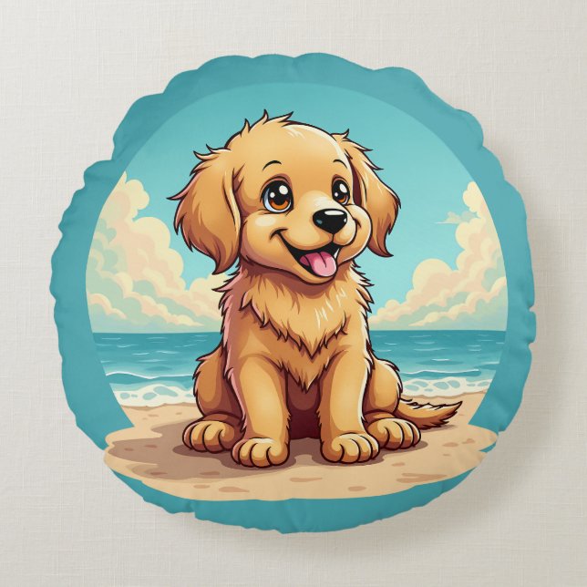 Cute Golden Puppy at Sunny Beach Scene Rundes Kissen (Vorderseite)