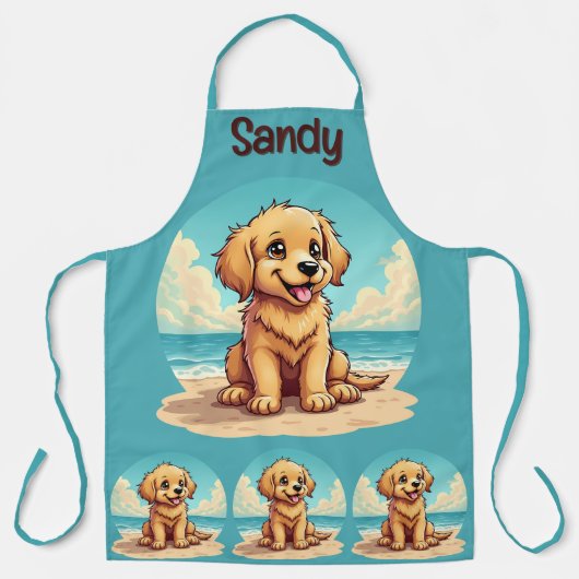 Cute Golden Puppy at Sunny Beach Scene Schürze (Vorderseite)
