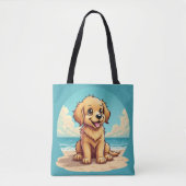 Cute Golden Puppy at Sunny Beach Scene Tasche (Vorderseite)