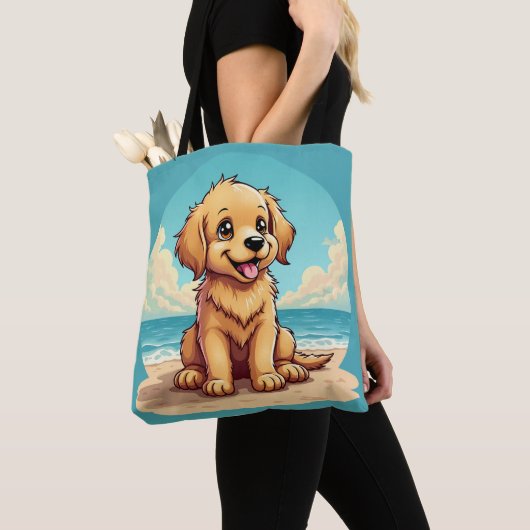 Cute Golden Puppy at Sunny Beach Scene Tasche (Von Nahem)