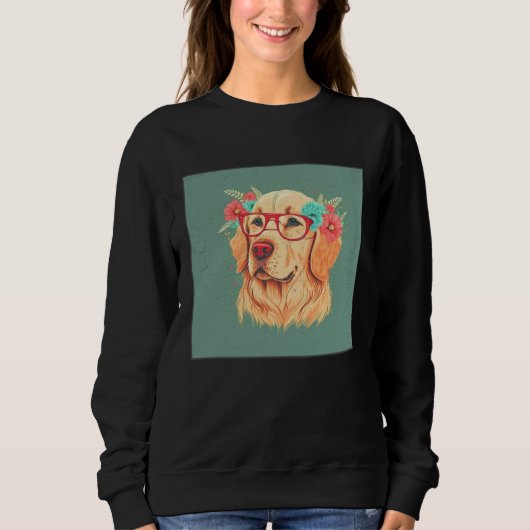 Cute Golden Retriever Illustration Floral Glasses Sweatshirt (Vorderseite)