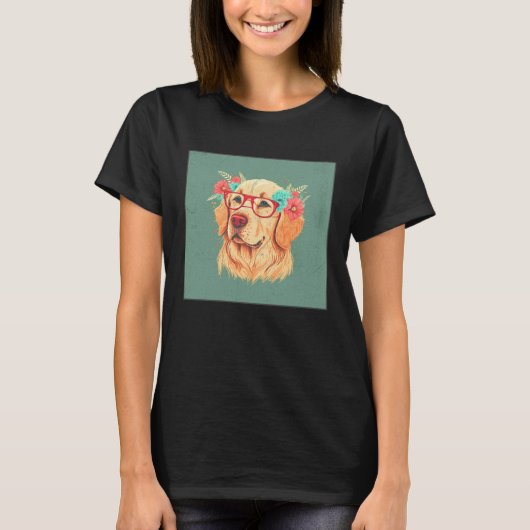 Cute Golden Retriever Illustration Floral Glasses T-Shirt (Vorderseite)