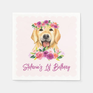 Cute Golden Retriever und lila Blumen Geburtstag Serviette