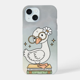 Cute Goose With Glasses Reading Books Illustration iPhone 15 Hülle