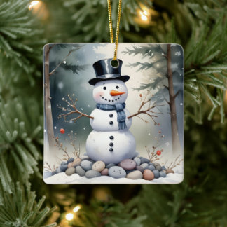 Cute Gorgeous Snowman Frosted Landscape Forest Keramikornament