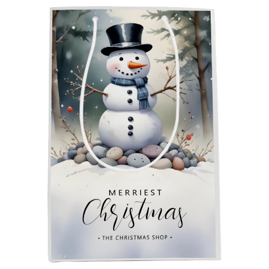 Cute Gorgeous Snowman Frosted Landscape Forest Mittlere Geschenktüte (Vorderseite)