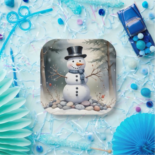 Cute Gorgeous Snowman Frosted Landscape Forest Pappteller (Party)