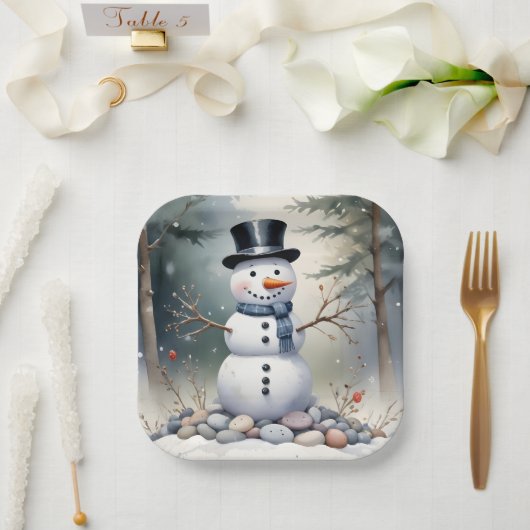 Cute Gorgeous Snowman Frosted Landscape Forest Pappteller (Hochzeit)
