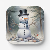 Cute Gorgeous Snowman Frosted Landscape Forest Pappteller (Vorderseite)