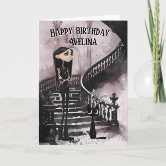 Cute Gothic Girl With Her Black Cat Birthday Card Karte (Vorderseite)