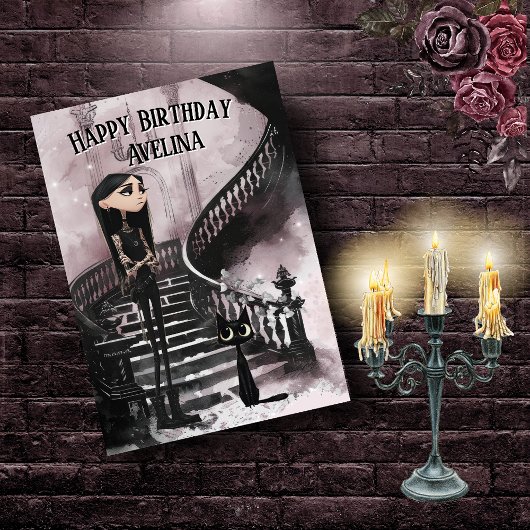 Cute Gothic Girl With Her Black Cat Birthday Card Karte