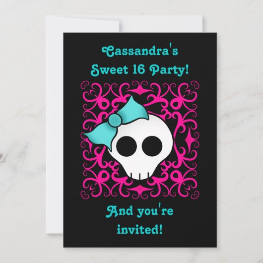 Cute gothic skull sweet 16 birthday party einladung (Vorderseite)
