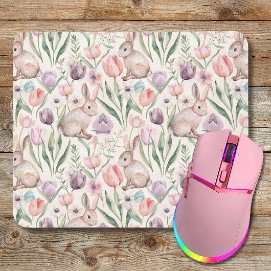 Cute Gray Bunny with Colorful Tulips Mousepad