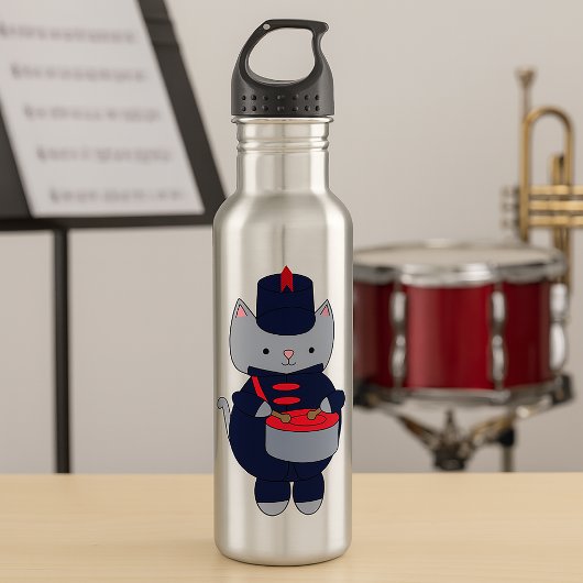 Cute Gray Cat Marching Band Uniform Playing Drum Edelstahlflasche