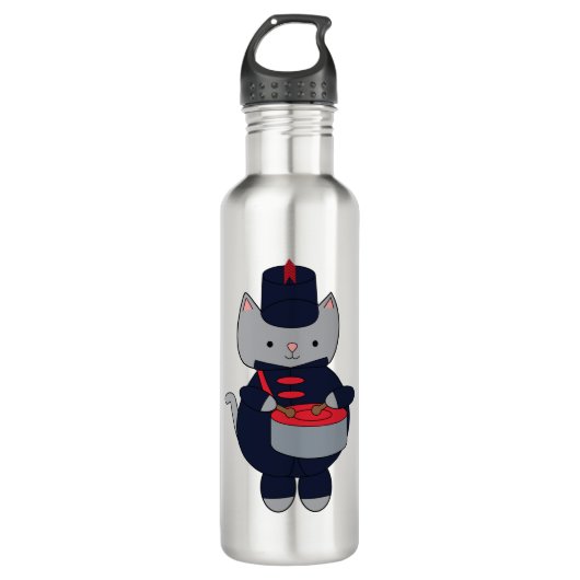 Cute Gray Cat Marching Band Uniform Playing Drum Edelstahlflasche (Vorderseite)