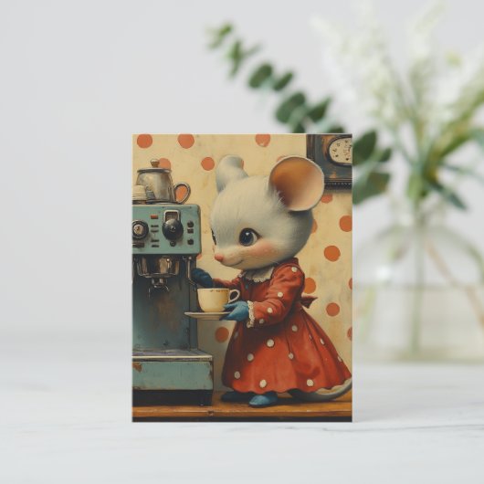 Cute Gray Mouse Makes Coffee Postkarte (Stehend Vorderseite)