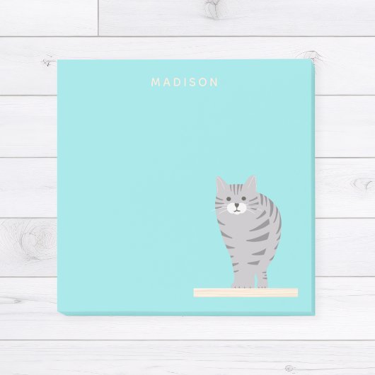 Cute Gray Tabby Cat Blue Notes mit Name Post-it Klebezettel