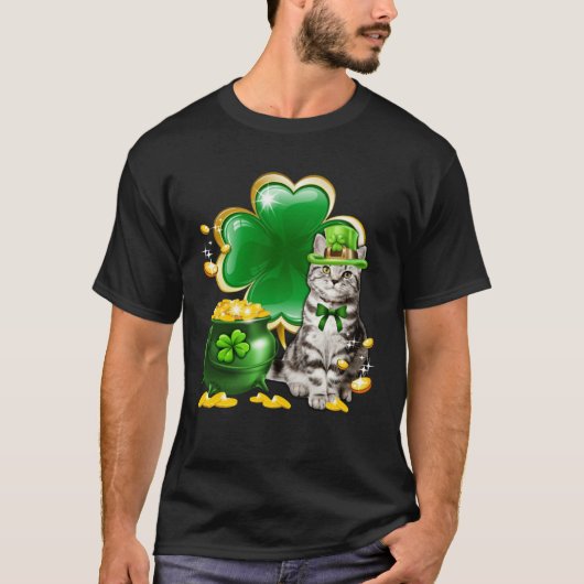 Cute Gray Tabby Cat Shamrock Irish Saint St Patric T-Shirt (Vorderseite)