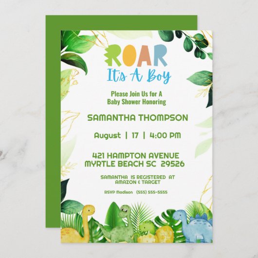 Cute Green Dinosaur Boys Baby Shower Invitation Einladung (Vorne/Hinten)