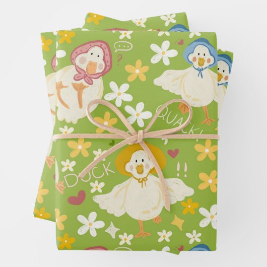Cute Green Duck & Daisy Flower Seamless Pattern Geschenkpapier Set (Beispiel)