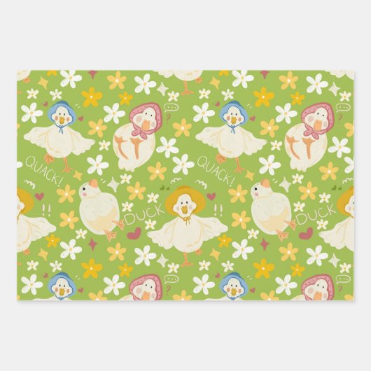 Cute Green Duck & Daisy Flower Seamless Pattern Geschenkpapier Set (Vorderseite)