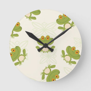 Cute Green Frog Pattern Runde Wanduhr