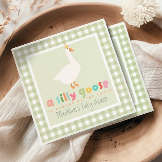 Cute Green Gingham Neutral Silly Goose Baby Shower Serviette