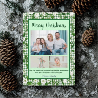 Cute Green Gingham Plaid 3 Photo Christmas Feiertagskarte
