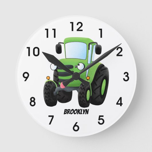 Cute green happy farm tractor cartoon illustration runde wanduhr (Vorderseite)