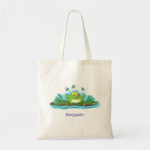 Cute green hungry frog cartoon illustration tragetasche