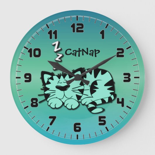 Cute Green Kitty Cat Nap Wallclock Große Wanduhr (Vorderseite)