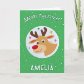 Cute Green Reindeer Kid`s Name Merry Christmas Karte (Vorderseite)
