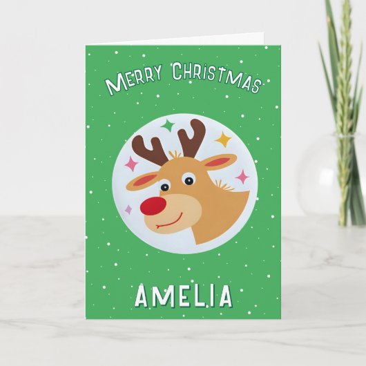 Cute Green Reindeer Kid`s Name Merry Christmas Karte (Vorderseite)