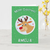 Cute Green Reindeer Kid`s Name Merry Christmas Karte (Gelbe Blume)