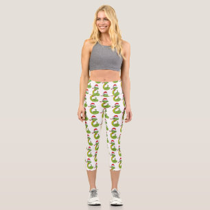 Cute green snake with santa hat cartoon capri leggings