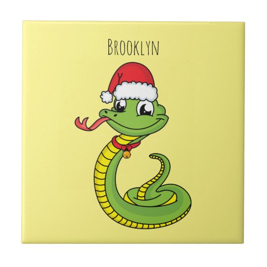 Cute green snake with santa hat cartoon fliese (Vorderseite)