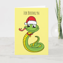 Cute green snake with santa hat cartoon karte