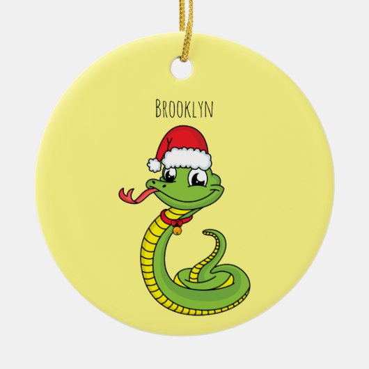 Cute green snake with santa hat cartoon keramik ornament (Vorne)