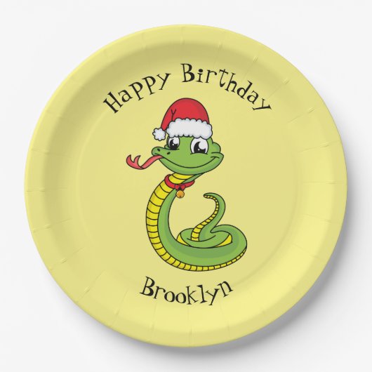 Cute green snake with santa hat cartoon pappteller (Vorderseite)