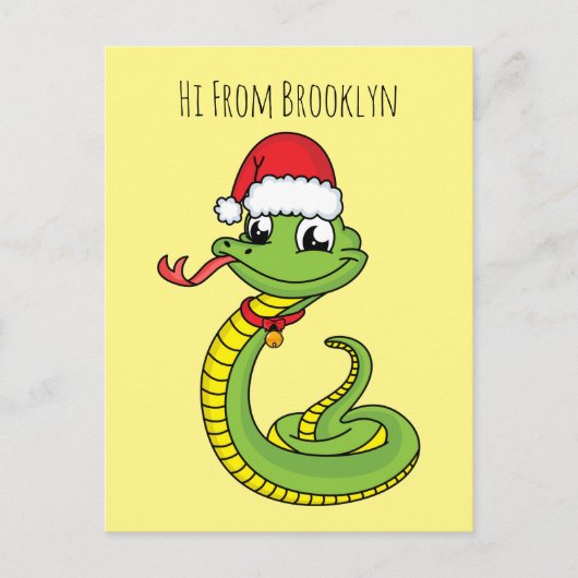 Cute green snake with santa hat cartoon postkarte (Vorderseite)