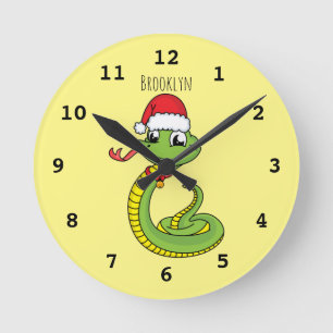Cute green snake with santa hat cartoon runde wanduhr