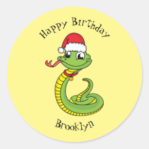 Cute green snake with santa hat cartoon runder aufkleber