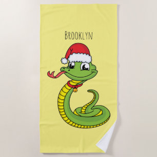 Cute green snake with santa hat cartoon strandtuch