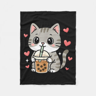 Cute Grey Cat Boba Tea Bubble Tea Anime Kawaii Nek Fleecedecke