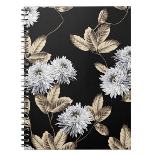 cute grey flowers with brown leaf pattern on black notizblock
