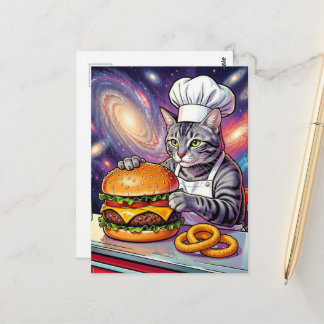 Cute Grey Tabby Cat Chef Making Cheeseburger Postkarte