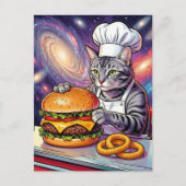 Cute Grey Tabby Cat Chef Making Cheeseburger Postkarte (Vorderseite)