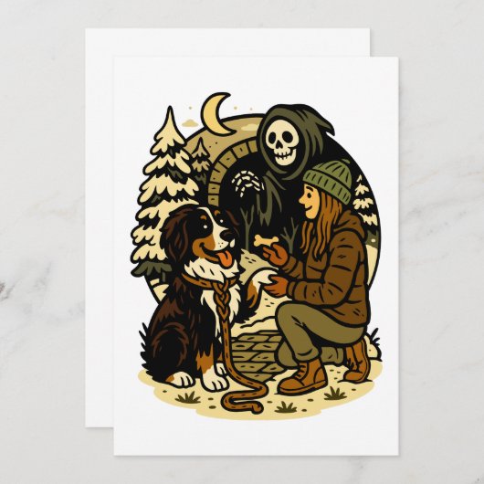 Cute Grim Reaper Girl and Dog Spooky Forest Night Einladung (Vorne/Hinten)